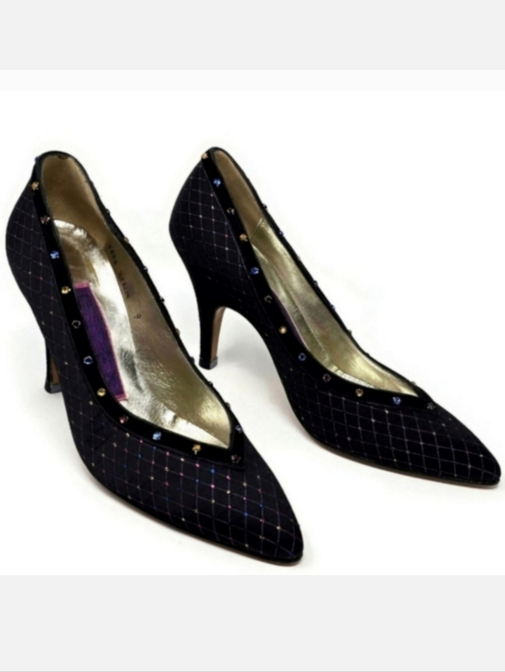 Vintage 80s Susan Bennis Warren Edwards Jeweled Satin Pumps Black Size 9